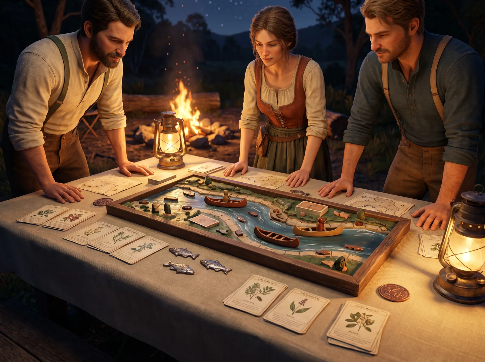Fictional Campwater crew around a tabletop game